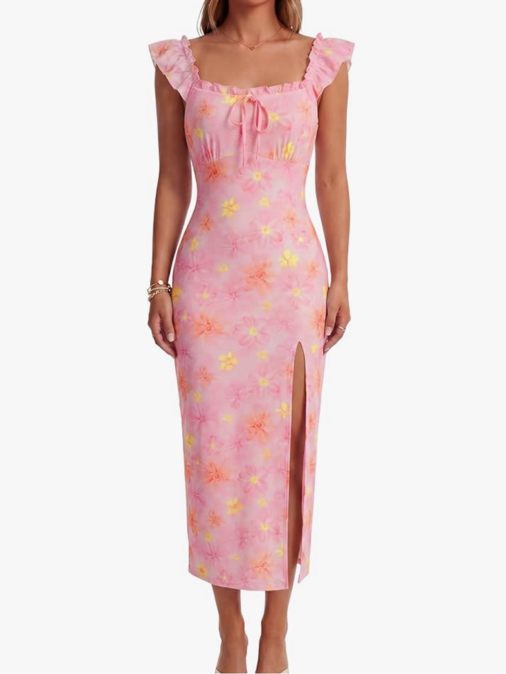 Pink Floral Tie-Front Ruffle Strap Midi Dress